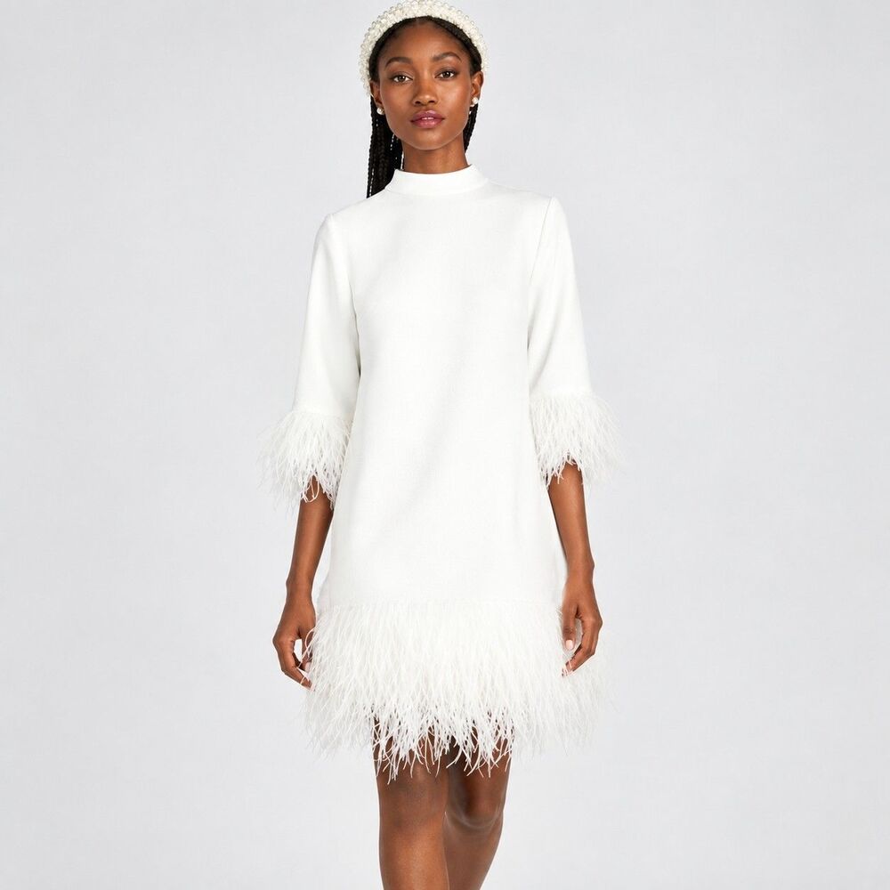 Kate Spade Ostrich Feather Trim Crepe Shift Dress 6 White French Cream NWOT